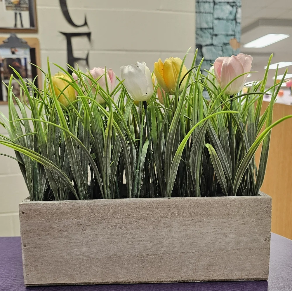 Artificial Tulip Arrangement in Wooden Box - Spring Floral Centerpiece Farmhouse